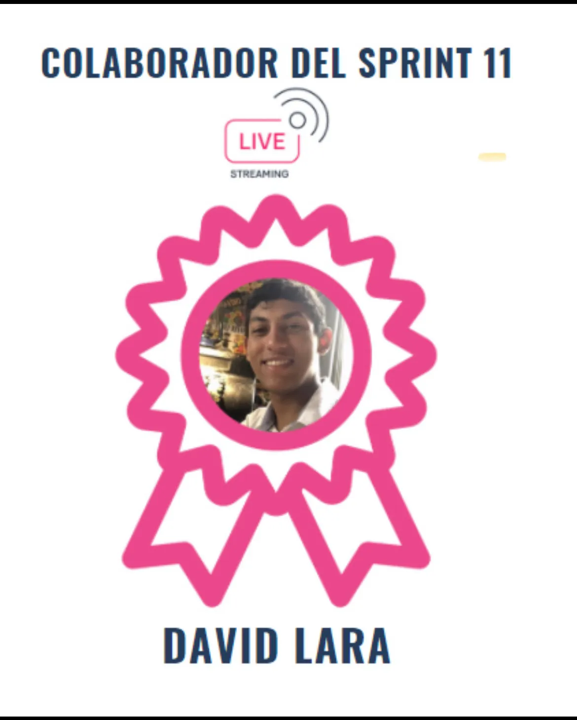 Colaborador del Sprint 11 award, with the Live Streaming logo, my photo and my name, David Lara.